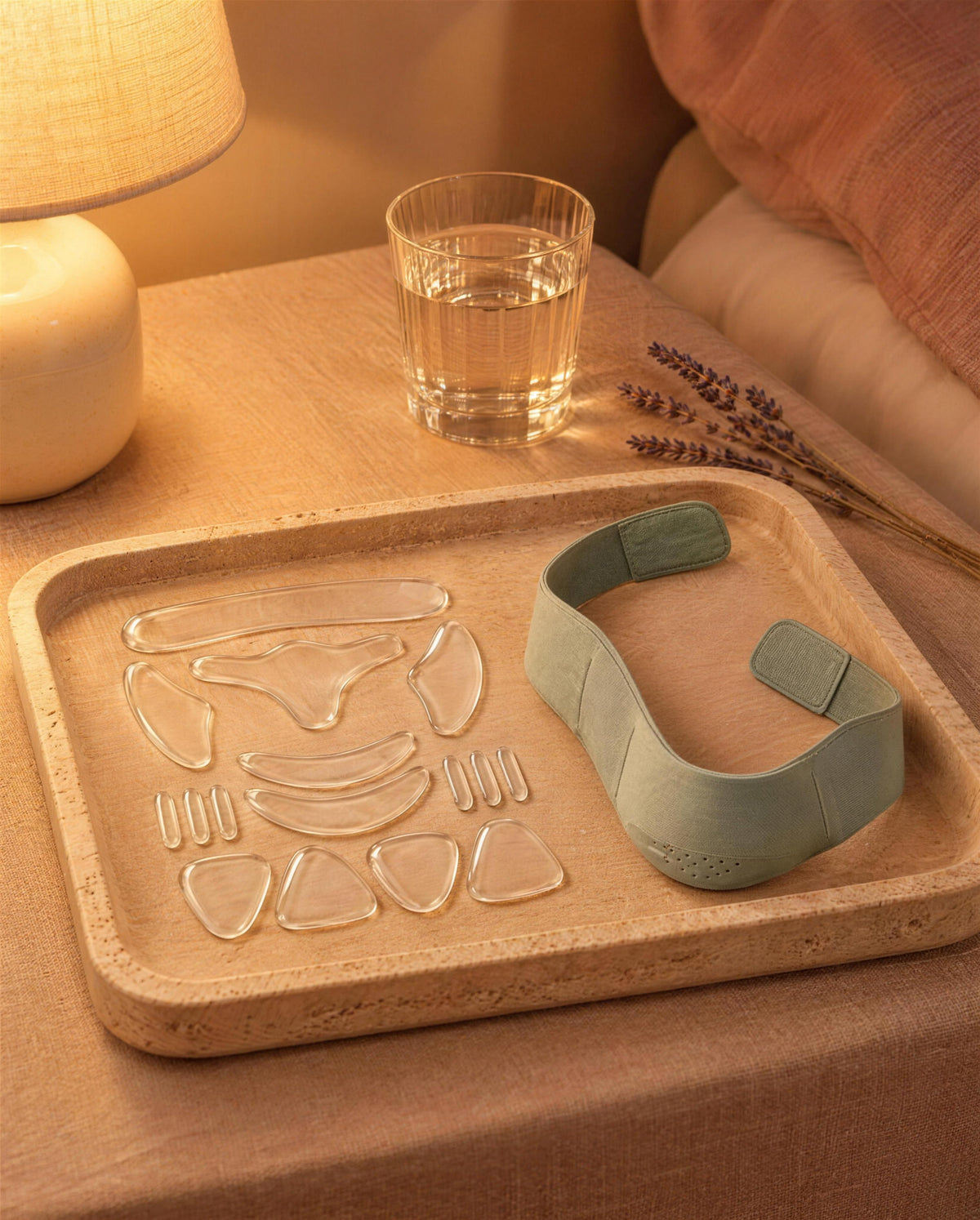 Silicone patches and V-line strap on a bedside tray