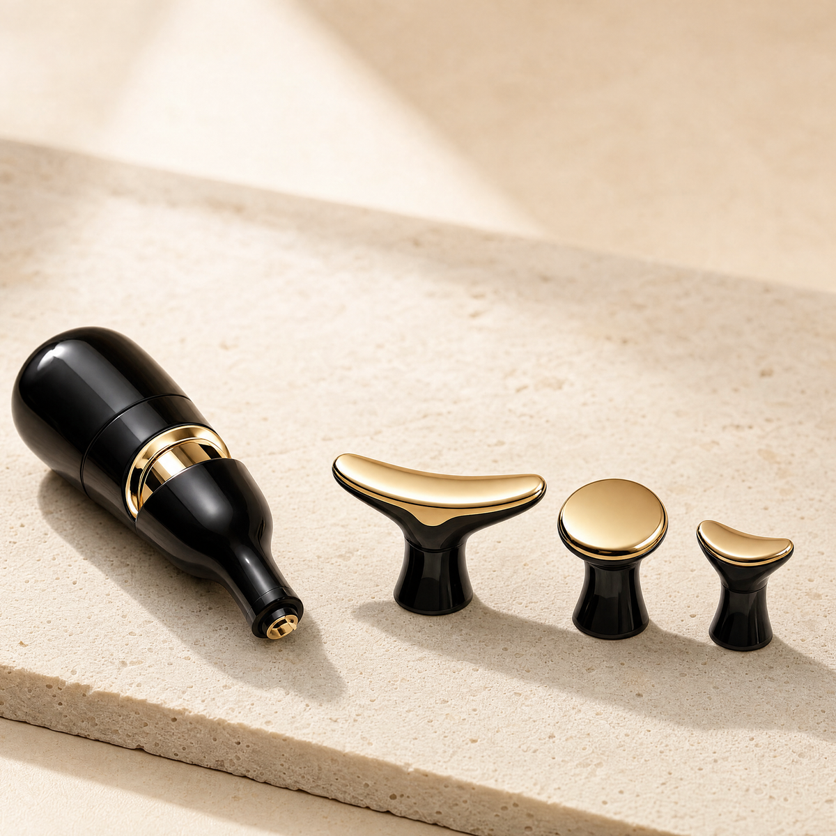 3-in-1 Gold Contour Massager with its three interchangeable gold heads