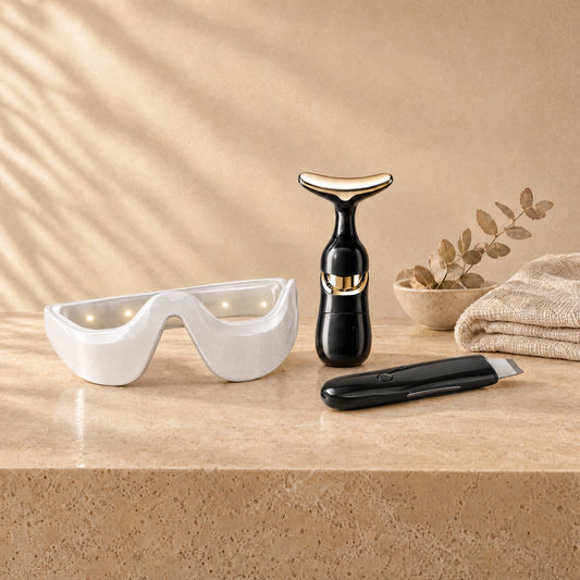 The Evening Ritual Set with the black sonic spatula, eye contour massager and gold contour massager on a travertine vanity