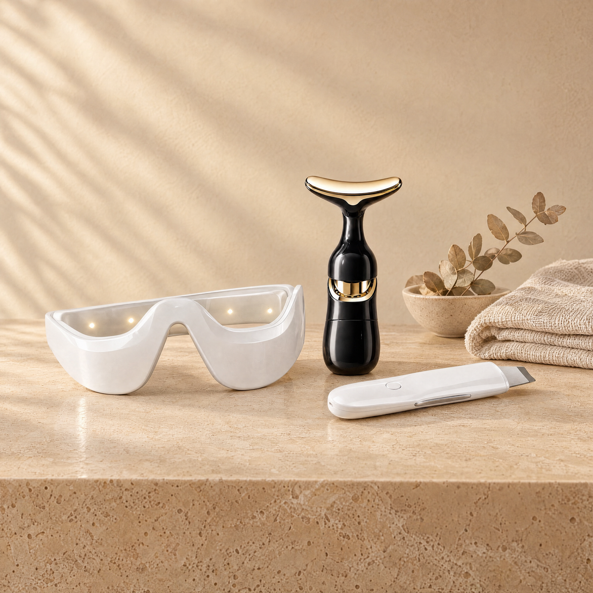 The Evening Ritual Set: eye contour massager, gold contour massager and sonic spatula on a travertine vanity
