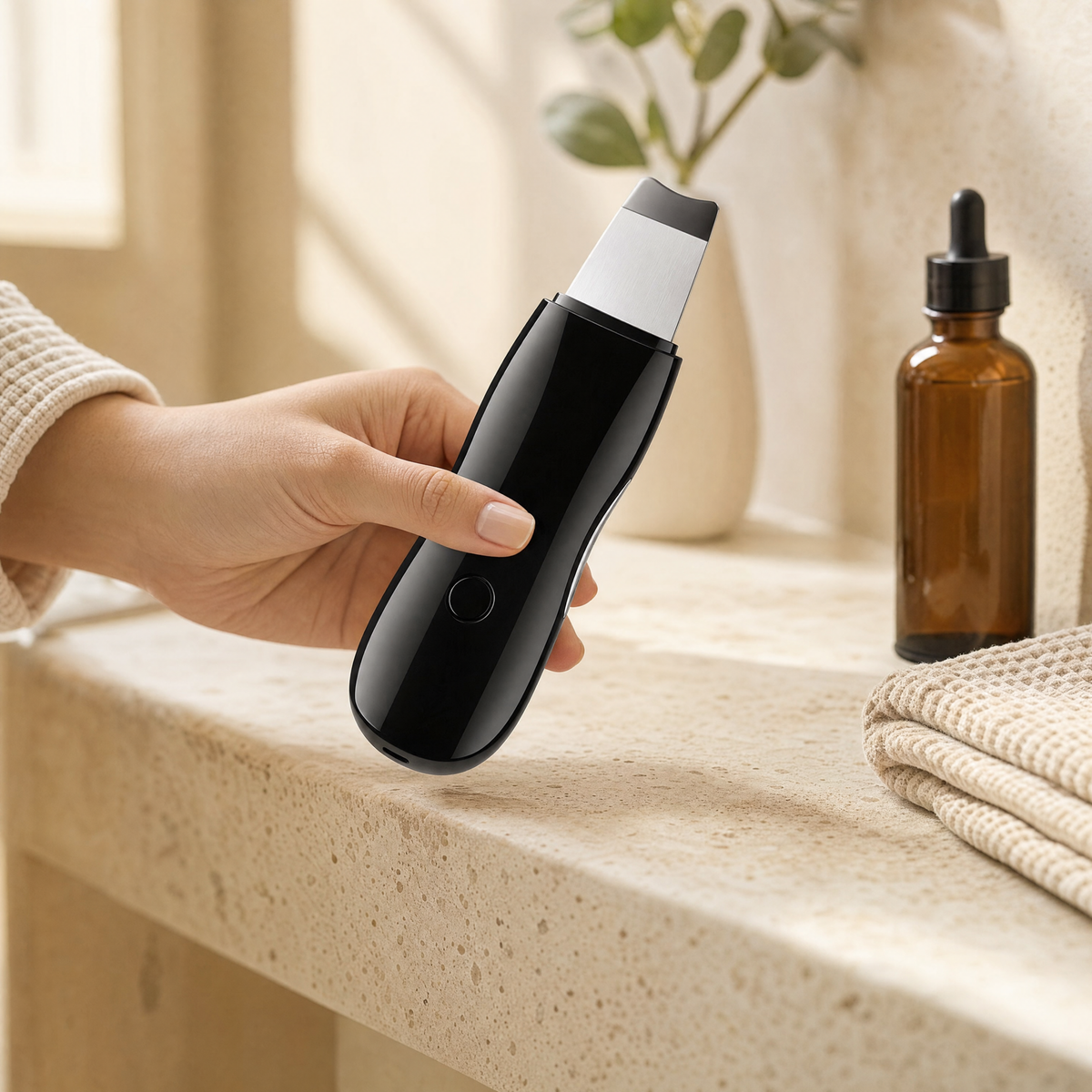 Black Sonic Cleansing Spatula in hand at a travertine vanity