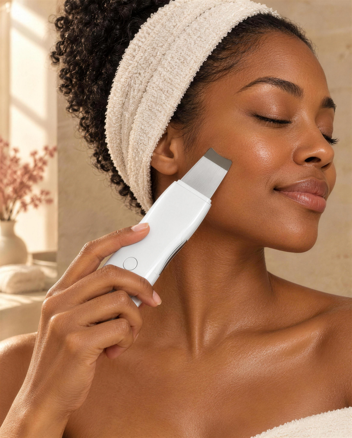 Woman using the Sonic Cleansing Spatula on her cheek