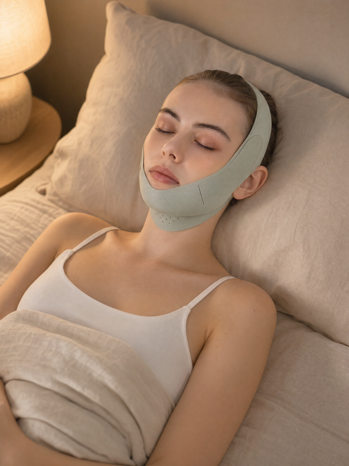 Woman sleeping comfortably wearing the V-Line Contour Sleep Strap