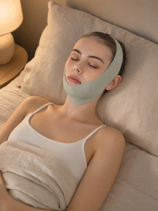 Woman sleeping comfortably wearing the V-Line Contour Sleep Strap